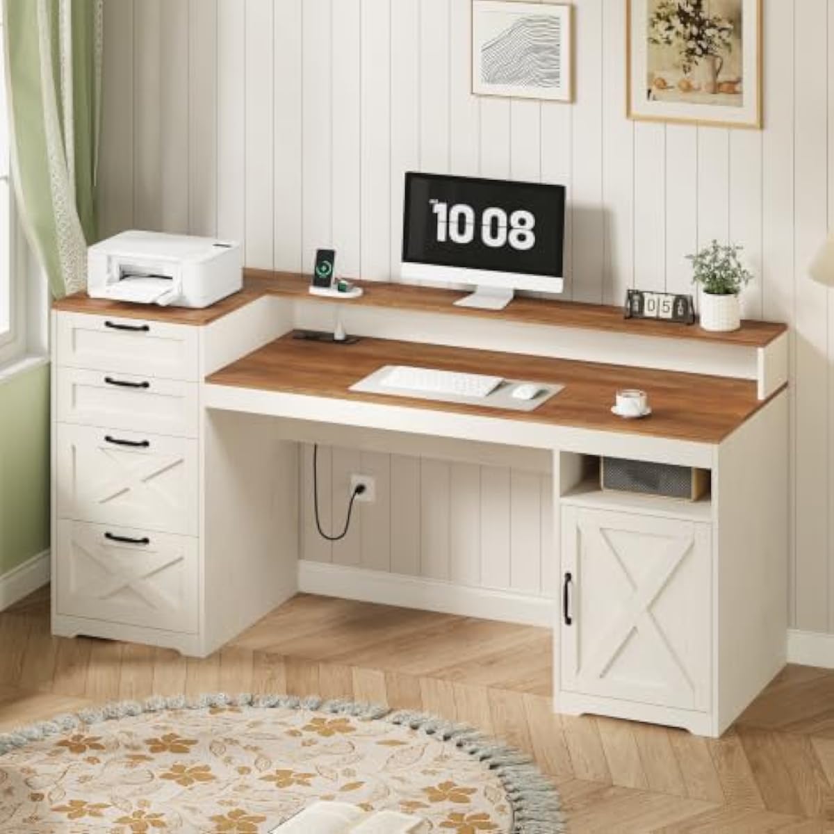 Printer Stand - 63 inç boyutunda, rustik beyaz renkli,